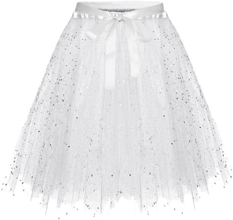 Generic Damen Festivalkleid Glitzer Tüllrock L Lang Weiß M (Waist measurement and length not specified) Frauen Kinder Festivals Karneval Fasching Erwachsene Frauen