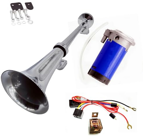 YIYIDA Autohupe Lufthorn Chrom Zink LKW Horn Schiff Horn Single Trompete 24V Car Air Horn Silber Ein Lautsprecher mit einem lauten Klang Auto Horn mit blauem Kompressor für 24V Auto LKW Boot etc