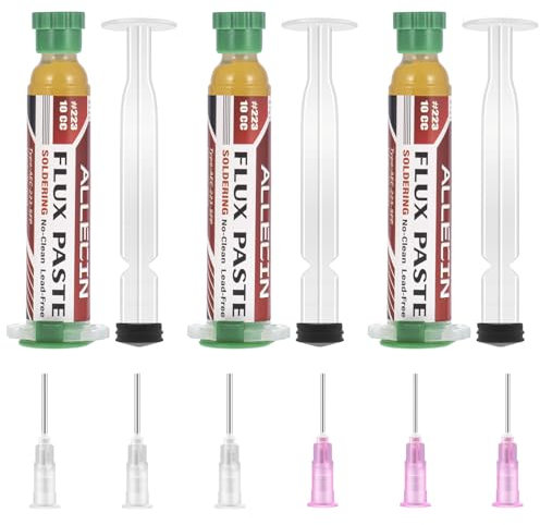 ALLECIN 3 Pezzi 10mL Flussante per Saldatura Senza Piombo Solder Flux Paste No Clean 10CC Flussanti per Saldature Flusso per Pasta Saldante AEC-223 con Asta di Spinta e Ago per PCB SMD BGA