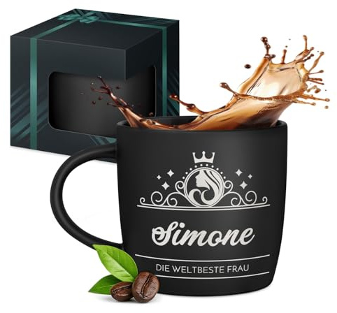 Maverton Keramik Kaffeebecher 400ml mit Gravur - personalisierte Kaffeetasse aus Matt Keramik mit Henkel für Frauen zum Geburtstag zu Weihnachten - Trinkbecher matt schwarz - Innen schwarz - Dame