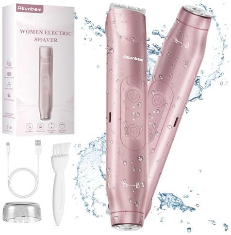 Akunbem 2 in 1 Women Electric Shaver Dual Head Bikini Trimmer for Women IPX7 Waterproof Wet & Dry Use Body Hair Trimmer and Facial Hair Remover for Bikini Underarm Leg Arm Body Face, Pink