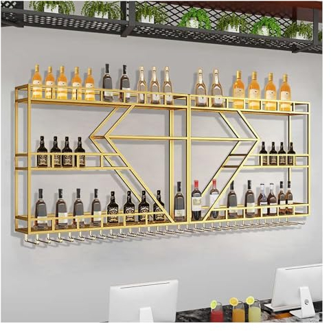 BYJSJY Weinregal Zur Wandmontage, Barregale Für Spirituosenflaschen, Champagner Stielgläser, Flaschenregal, Palette Eisen Weinregal, Weinregal Für Weinliebhaber Für Bar(Gold,240x20x86cm)