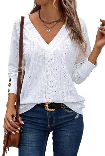Dokotoo Women's Long Sleeve V Neck Dressy Casual Blouse Hollow Out Lace Embroidered Ladies Top Shirt Chic Buttons Cuffs Womens Blouses Shirts White UK L