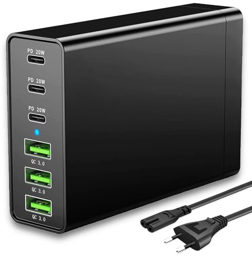 Cargador USB C, 96 W GaN 6 puertos, estación de carga múltiple, cargador rápido PD USB C cargador de escritorio compatible con iPhone Samsung/Xiaomi/Tablet/Smartwatch