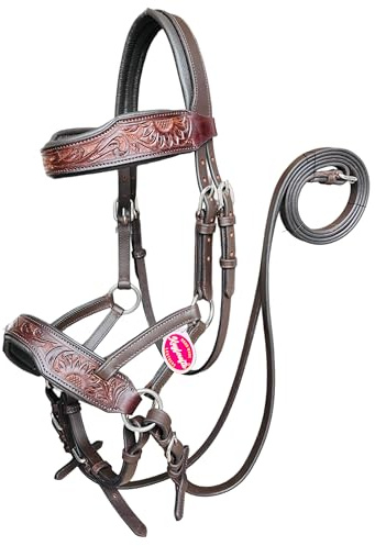 Kayfcrafts Geöltes Leder-Zaumzeug für Pferde, gebisslos, Volllederzügel (Braun mit heller Antikarbeit, Cob)