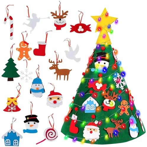 M-ontessori 3D Felt Christmas Tree Set for Kids with Detachable Hanging Ornaments and LED String Lights
