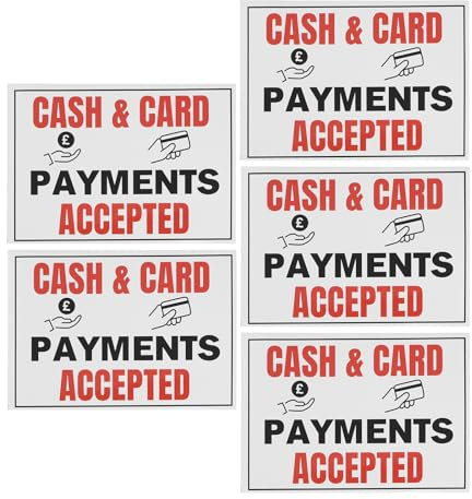 eMagTech 5 Stück Cash & Card Payments Accepted, wasserfest, einseitig, 148 x 105 mm, Schilder, geeignet für die meisten glatten und trockenen Oberflächen