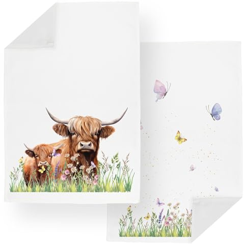 Purely Home Highland Cow & Calf Tea Towels Set - Farmyard Animals & Butterfly Meadows Kitchen Gifts - Pack of 2 Panama Cotton Kitchen Dish Towels/Drying Cloths - 67cm x 45cm
