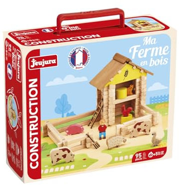 Jeujura – Ma Ferme en Bois – 95 pièces - Jeu de Construction dans sa Valise en Carton - A partir de 5 Ans - Agilité - Créativité - Manipulation - Catalogue fourni - 8040