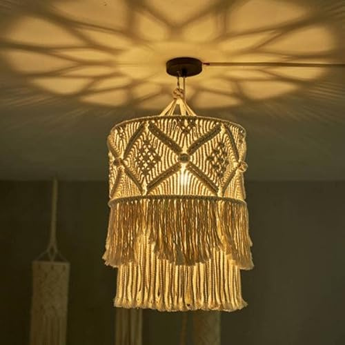 Tagtight Makramee Lampenschirm zum Aufhängen, Boho Pendelleuchte Abdeckung, Hand Gemachte Wand Quaste Tapisserie, Lampenschirm Böhmen Hintergrund Wand Behang für Schlafzimmer, Hotel, Kinderzimmer