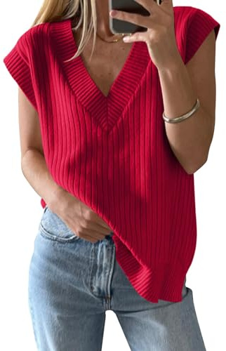 Saodimallsu Pull à col en V pour femme - Gilet surdimensionné sans manches - Léger - Pull d'été élégant