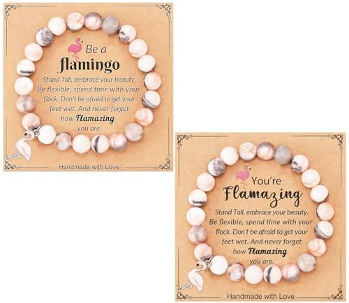 SLEEKEE 2 Stück Flamingo-Anhänger-Perlenarmbänder Und 2 Karten, Einfaches Armband, Damenarmband, Geschenkarmband, Freundschaftsarmband