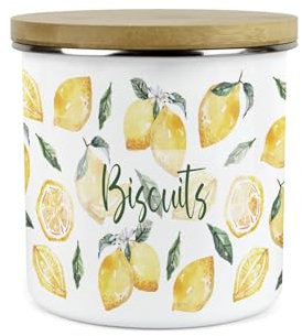 Purely Home Painted Lemons Small Biscuits Storage Canister - Yellow Kitchen Decor - 1.2L White Metal Enamel Food Storage Container
