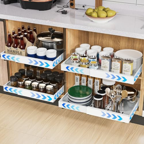 iHomara 4 Pack erweiterbarer ausziehbarer Schrankorganisator mit Klebefläche, 53 cm tiefe Schubladen für Küchenunterschränke, verstellbare Breite 32 cm-53 cm(Weiß)