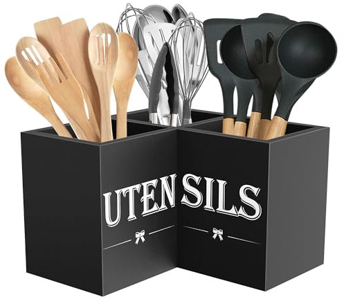 Suli Extra Large Kitchen Utensils Holder with 3 Compartments,Corner Utensil Caddy for Countertop,Wooden Utensil Organizer for Kitchen Countertop, Farmhouse Decor- Black