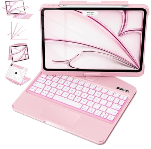 MAYDORHER For iPad Pro 13 Inch Case with Keyboard, Multi Touch Tech Style Trackpad Keyboard Case with 360° Rotating Stand Only for iPad Pro 13 (M4, 2024), 7 Colors Backlight, Pink