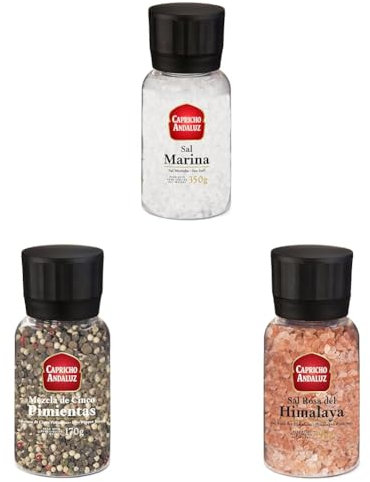 Pack 3 Molinillos: Sal Rosa del Himalaya 390gr, Sal Marina 350gr y Mix 5 Pimientas 170gr – Condimentos Naturales para Realzar Sabores y Sazonar Todo Tipo de Platos
