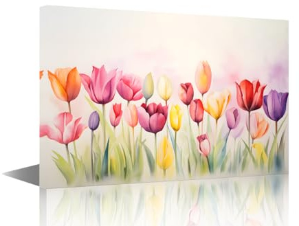 TISHIRON 1 Piece Wall Art Decor Painting on Canvas Tulip Pictures for Home Walls Bloom Plant Office Wall Art Framed Floral Modern Artwork for Living Room Bedroom, 24x16in