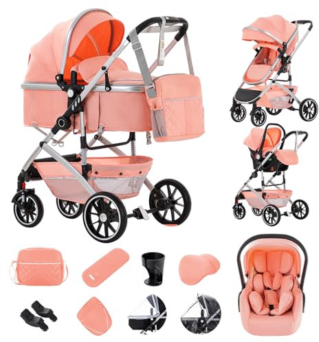 Zkiprm Kinderwagen 3 in 1 Kombikinderwagen Reisesysteme mit Babyschale, bis 22 kg, Zusammenlegbar Buggy, Aluminium Rahmen, Moskitonetz/Regen Abdeckung/Mama Tasche Enthalten, 0-4 Jahre Rosa