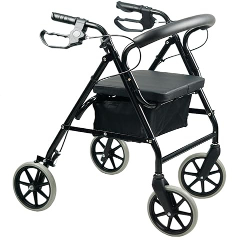 Gr8 Home Lightweight Folding Rollator Walker Adjustable Height Zimmer Frame with Seat Foldable Mobility 4 Wheeled Walking Elderly Disability Aid with Detachable Padded Backrest