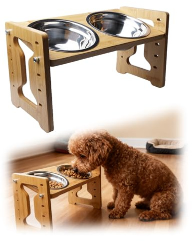 Gamelle surélevée pour chien - Hauteur réglable - Avec support - Gamelle surélevée pour chien - En bambou - Pour petits chiens et chats - Avec 2 gamelles en acier inoxydable