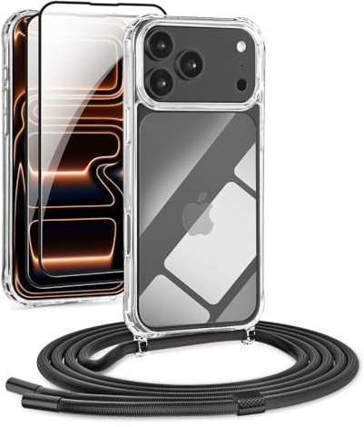 DiDaDi 4 in 1 Handykette Set Für iPhone 17 Pro Hülle mit Band Transparente Handyhülle Abnehmbare Schutzhülle mit Lanyard, 2X Panzerglas, Necklace Handyhülle (Schwarz)