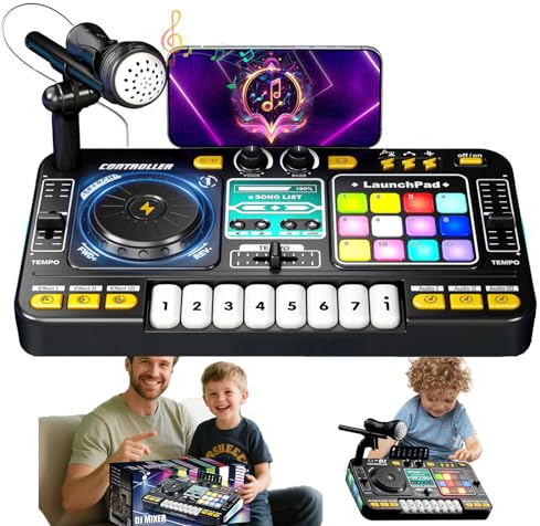 DJ Pult Kinder, DJ Mischpult mit Mikrofon, Bluetooth & Lichteffekten | Kinder DJ Mixer mit Mikrofon, Bluetooth, Aufnahmefunktion und LED-Licht für kreative Musikspiele von Jungen und Mädchen