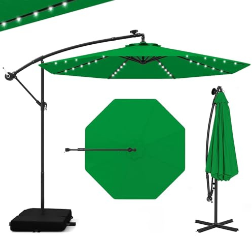 GOPLUS Parasol de Jardin Extérieur avec Pied, Parasol Déporté 3x3M, avec 40 Lampes Solaires, Toile Inclinable, Manivelle, 8 Baleines, Anti-UV, pour Terrasse Cour Patio (Vert)