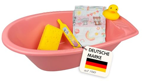 Heless 919 - Puppen-Badewannen Set in Rosa, inkl. Schwamm, Ente, Thermometer und großer Windel, Größe ca. 41 x 23 x 13 cm