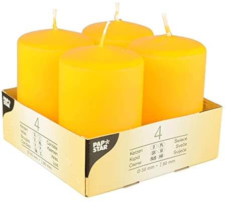 PAPSTAR 4 Stumpenkerzen Ø 50 mm · 80 mm gelb Blockkerzen