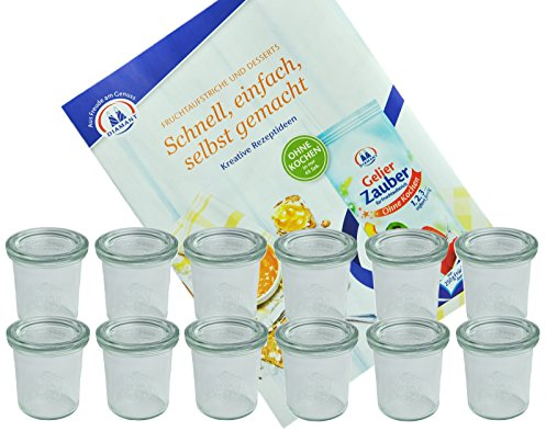 MamboCat 12er Set Weckgläser Sturzglas mit Deckel 140 ml I Original Weck Sturzglas Dessertglas I Einweckgläser mit Deckel für Kuchen Gelees UVM I inkl. Diamant-Zucker Gelierzauber Rezeptheft