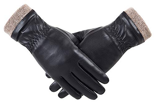 REDESS Women's Black Leather Gloves, Wool Fleece Lined, Touchscreen Texting, Windproof, Multi-Purpose, Size XL