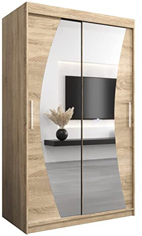 MEBLE KRYSPOL Wave 120 Schlafzimmerschrank mit Zwei Schiebetüren, Spiegel, Kleiderstange und Regalen – 120x200x62cm - Sonoma