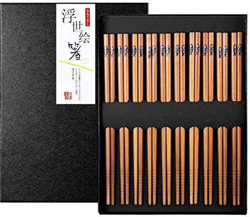 Baguettes Japonaises Réutilisable Bambou Naturel Baguette Coffret Cadeau Avec Boîte Noire Exquise, 10 Paires ( Petit Poisson Patterns)