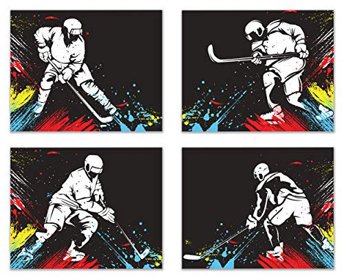 Hockey Vector Wandkunst-Dekor-Drucke – Set mit 4 (20,3 x 25,4 cm) ungerahmten Poster-Fotos – Kinderzimmer – Geschenk
