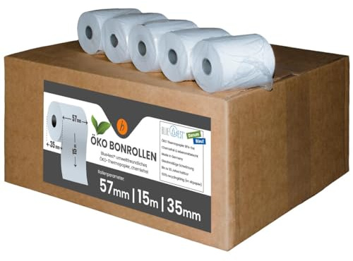 200 Stk. Blue4est® Öko Thermorollen | 57x15x12 mm Ø35mm | Länge: 15 m | blaue Bonrollen Thermopapier | EC Cash Geräte Rollen | HUTNER