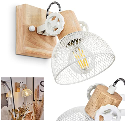 Wandleuchte Orny, Wandlampe im Vintage-Design aus Holz/Metall in Natur/Weiß m. Lichteffekt, Schirm in Gitter-Optik, Leuchte m. Holzbalken, Textilkabeln, verstellbarer Strahler, E27, ohne Leuchtmittel