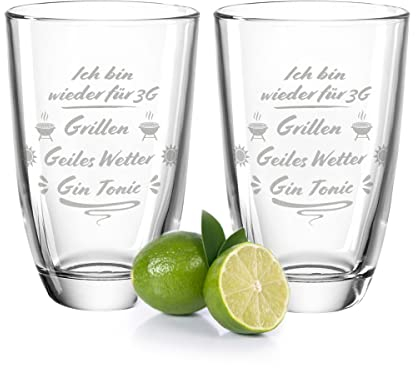 GRAVURZEILE GIN-Gläser 2er Set - 3G Grillen Geiles Wetter Gin Tonic - lustiges Geschenk für Papa Kollegen Freunde Mädels & Familie - GIN Glasses - Party Geschenkset Mitbringsel witzig
