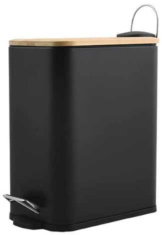 Spirella Kosmetikeimer 5 Liter Edelstahl mit Absenkautomatik und Inneneimer Erik Badezimmer Mülleimer Softclose Abfalleimer Schwarz Bambus, Kunststoff, Noir Mat, 5 litres