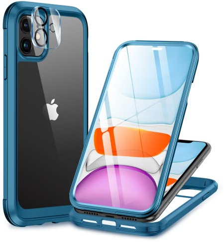 Miracase Glas Serie für iPhone 11 Hülle, vollständiger Kameraschutz, 360 Grad Schutzhülle mit Militärschutz, stoßfest, sturzsicher, Kratzfest, antifinger, iPhone 11 Handyhülle, Blau