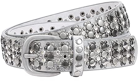 JasGood Damen Nieten Gürtel Funkelnden Strass Nieten Western Ledergürtel für Jeans Hosen,Silber,125cm(Passt Taille 91-105cm)