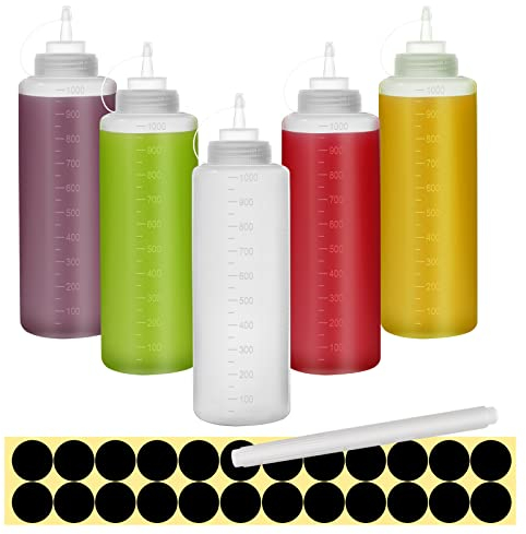 Happybase 32oz Dispenser Olio da Cucina, 5 Pezzi Plastica Squeeze Bottle, 1000ml Bottiglia per Squeeze con Tappi,Cucina Flacone Dosatore, Prova di Perdite per Ketchup, Salse piccanti, Olio d'oliva