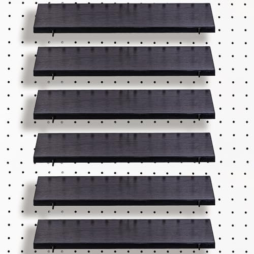 Lot de 6 étagères en bois noir pour panneau perforé avec crochets en métal – Accessoires de rangement pour salle de bricolage, maison, bureau, rangement, garage, établi