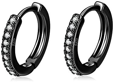 Sterling Silver Hoop Earrings with Cubic Zirconia - Yellow/White/Rose Gold Plated, Gun Black Sleeper Cartilage Hoop Earrings (8/10/12mm)