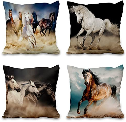 Aoihrraan 46x46cm 4er Set Dekorativ Laufendes Pferd Kissenbezug Realistisch Pferd Herde Tiere Jahrgang Zierkissenbezug Quadratische Couchkissen Dekokissen Sofa Bett Wohnzimmer Draussen Couch