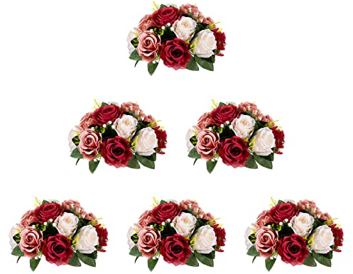 BLOSMON Blumenstrauß Blumengestecke Künstlich Deko Rose 6 Pcs Burgund Creme weiß Künstliche Blumenstrauss Blumen Tischdekoration Blumenkugel Valentinstag Rosenstrauss for Hochzeit Muttertagsgeschenk