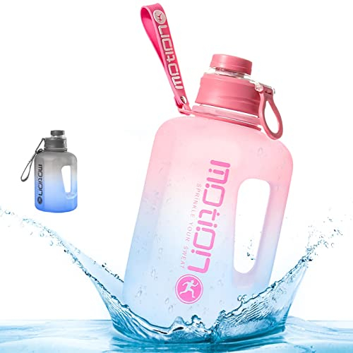 BelonLink Gourde Sport 1.6L, Bouteille d'eau étanche avec paille et poignée marqueur de Temps de Motivation, sans BPA, Réutilisable pour Sport, Camping, Bicyclette, Randonnée (rose + bleu)