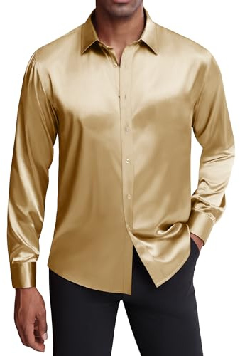 J.VER Men's Silk Satin Long Sleeve Dress Shirts Shiny Casual Button Down Shirt Luxury Party Prom Shirts, Gold Champ, Large