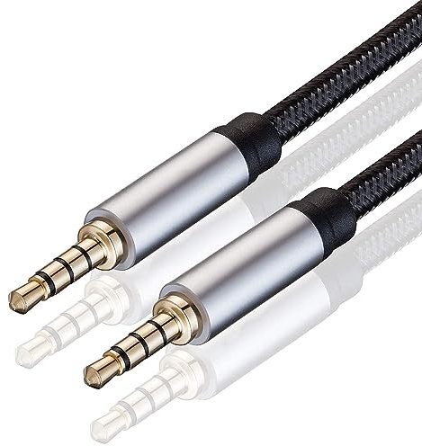CABLEPELADO Cable alargador Jack 3.5 mm TRRS 4 Pines, Macho a Macho, Compatible con Auxiliar para Radio de Coche, Cascos, PS5, Xbox, Reproductor DVD, Altavoz,PC,TV, Nylon Trenzado, | 0.50 Metros