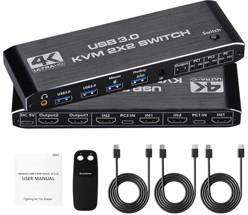 USB 3.0 Display 4K @60Hz KVM Switch Dual Monitor 2 in 2 out HDMI KVM Switch with Keyboard Hotkey